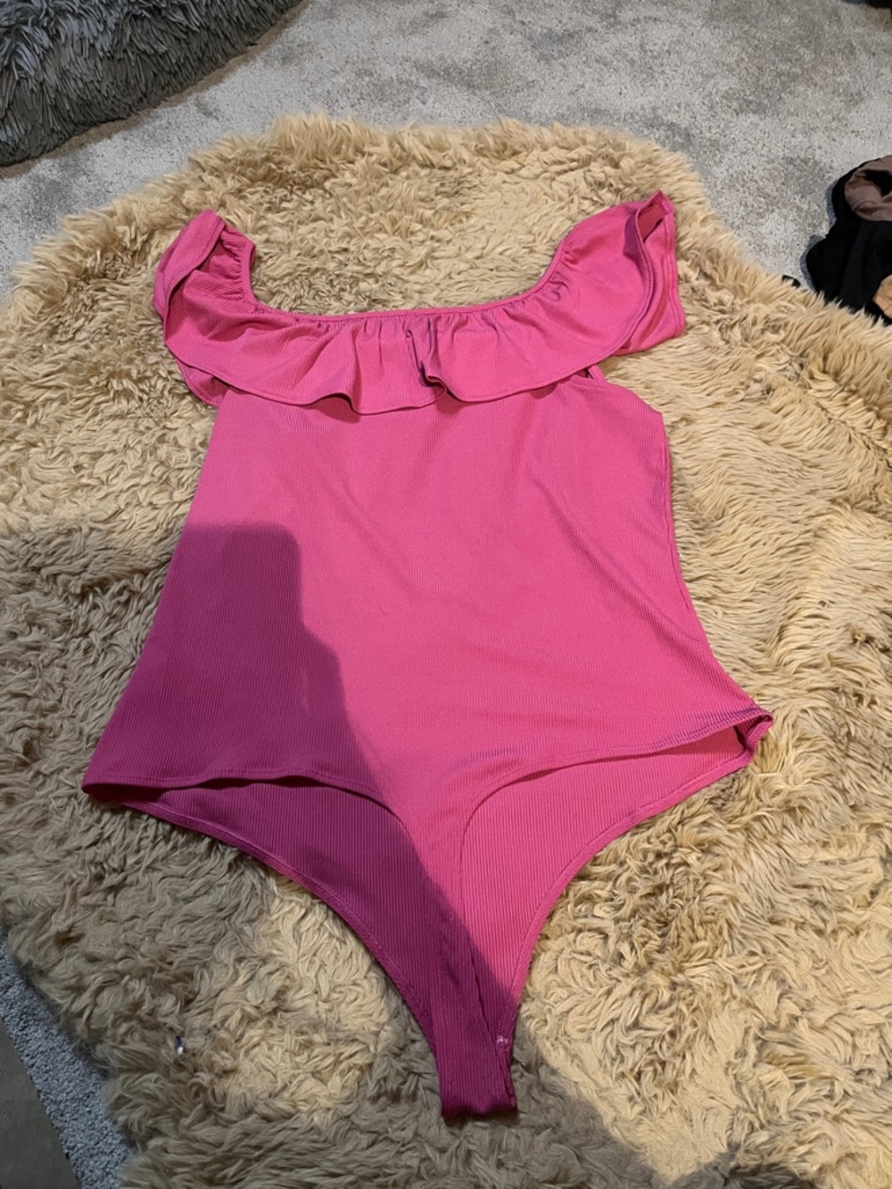 Express Hot Pink Ruffle-Front Ribbed Bodysuit - Picture 4 of 5